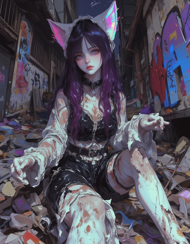 A cat-eared girl sex doll abandoned in a garbage dump in a building-line area, love doll girl with Cat ear headband, Hollow Eyes, Neko Mimi Mode, straight dark purple long hair, Horizontal fringe hair, detailed filthy lolita outfit, Lolita costume torn in places, cat ears with light pink inside, art by Bernie D’Andrea, Street art on the wall, details Underground Comic Art, filthy cat ear love doll illustration, glitch, egmid