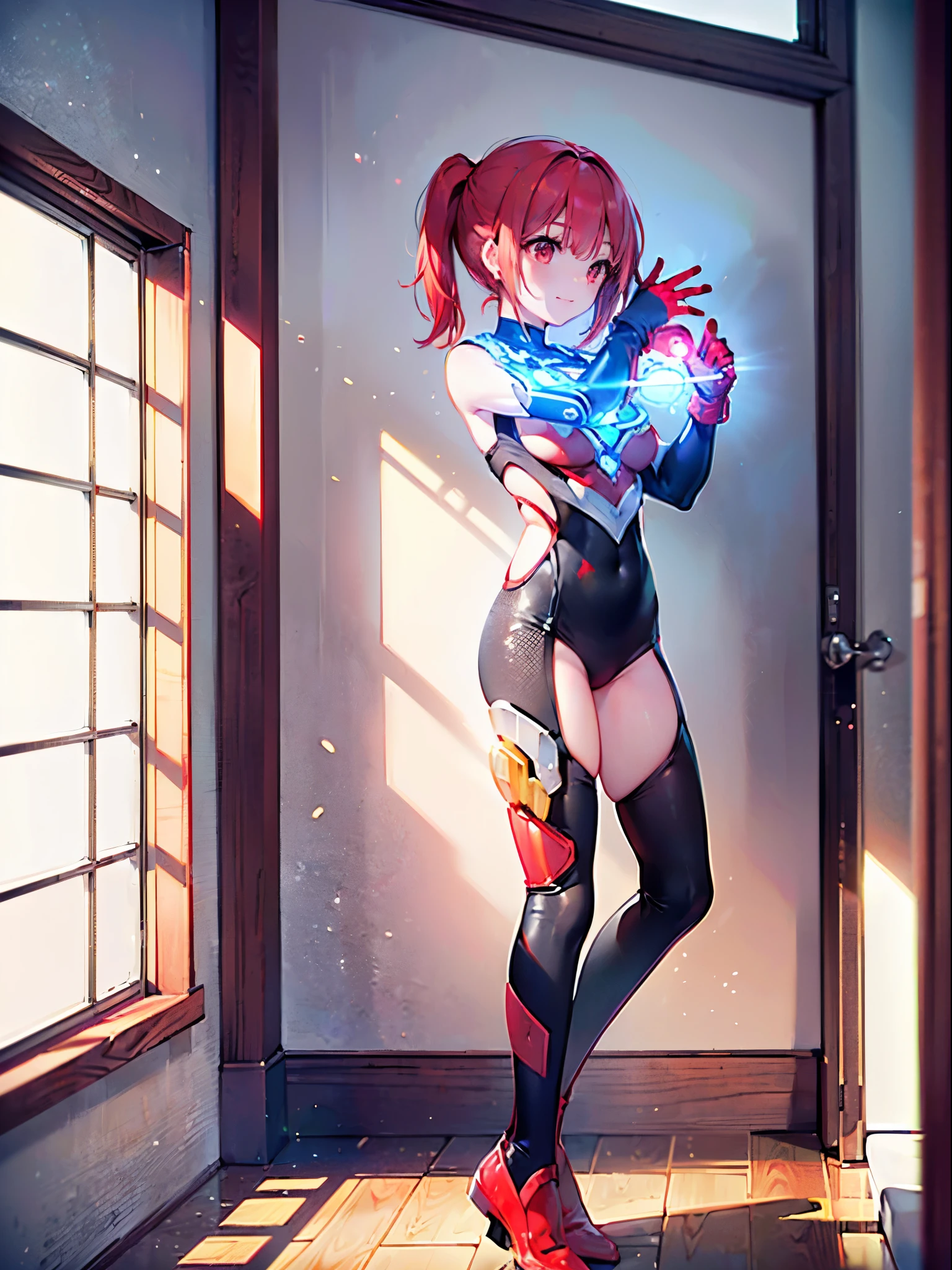 (Close-up:1.3),Realistic,highest quality, Ultra Detail, High-quality CG rendering, The most delicate and beautiful, Floating softly, High resolution, (1 girl), (Highest quality,4K,8K,masterpiece:1.2),(All red hair:1.5), (Short ponytail:1.5),(Red eyes:1.5), (Ultra Girl:1.0), (All red Ultraman bodysuit:1.4),(Slightly larger breasts:1.5),(Clenched Fist:1.2),(Turn your back to your audience:1.3),Butt,(Red gloves:1.3),(Red Shoes:1.3) ,(whole body:1.3)