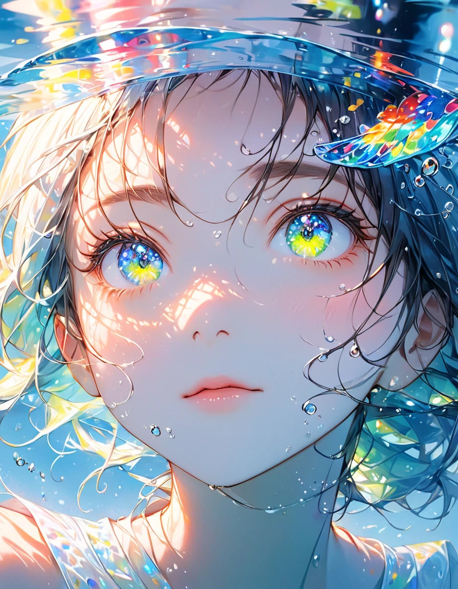 Girl swimming underwater,Ultra-detailed rendering style,shine,yellow,green,Brush,Surreal oil painting,Shining Eyes,Head close-up,Exaggerated perspective,Tyndall effect,Water Drop,Mother of pearl rainbow color,holographic white,Black background,