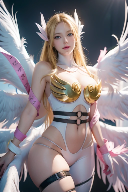 angewomon, ((blonde hair)), long hair, angel wings,blue eyes, ((big boob)), ((large breasts)), bare shoulders, elbow gloves, feathered wings, gloves, navel, pink ribbon, ribbon, single elbow glove, single glove, thigh strap, wings, sexy, sexy body, laugh,masterpiece, best quality, in detail,cute, (split), whole body, Best image quality、masterpiece、8k、Anime Face、A kind smile、 beautiful body 、Cowboy Shot,sexy、Very detailed、highest quality