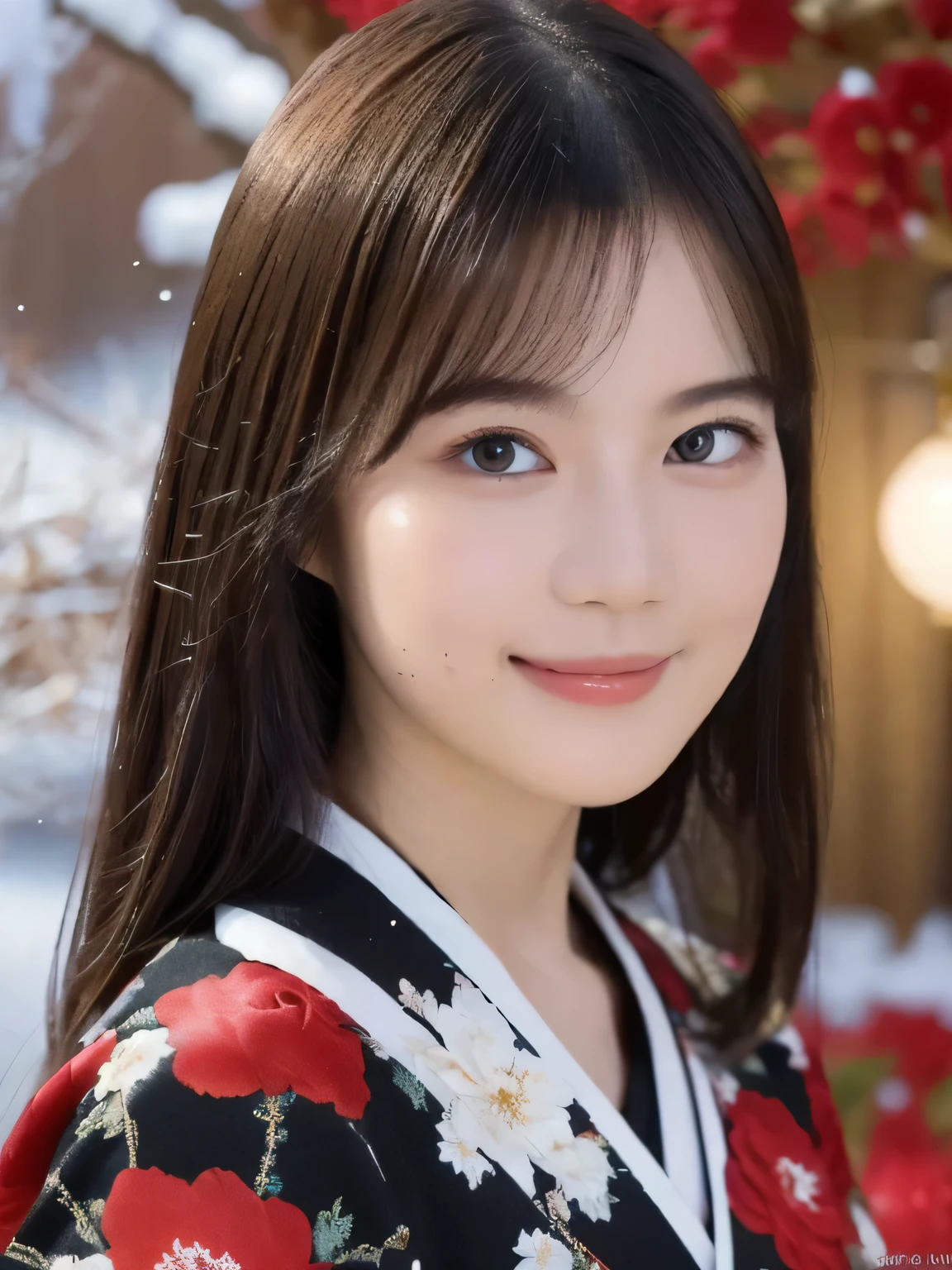 A breathtakingly beautiful 20-year-old woman with a slender physique, dressed in an elegant and luxurious black and red kimono suitable for the Japanese New Year. The background showcases a serene sunrise on New Year's Day, with a traditional Japanese shrine, snow-covered grounds, and vibrant red camellias in full bloom. The scene captures a harmonious blend of traditional beauty and the peaceful atmosphere of a snowy New Year's morning. smiles gently, FRIENDLY. ( RAW photos , top quality ), ( realistic, photo- realistic:1.4), masterpiece, extremely delicate and beautiful, extremely detailed, 2k wallpaper, amazing on the beach, detailed depiction , extremely detailed CG unity 8k wallpaper, Ultra Details, high res, Soft light, extremely detailed eyes and face, beautiful detailed nose, beautiful detailed eyes, cinematic lighting, Perfect Anatomy, slender body.
