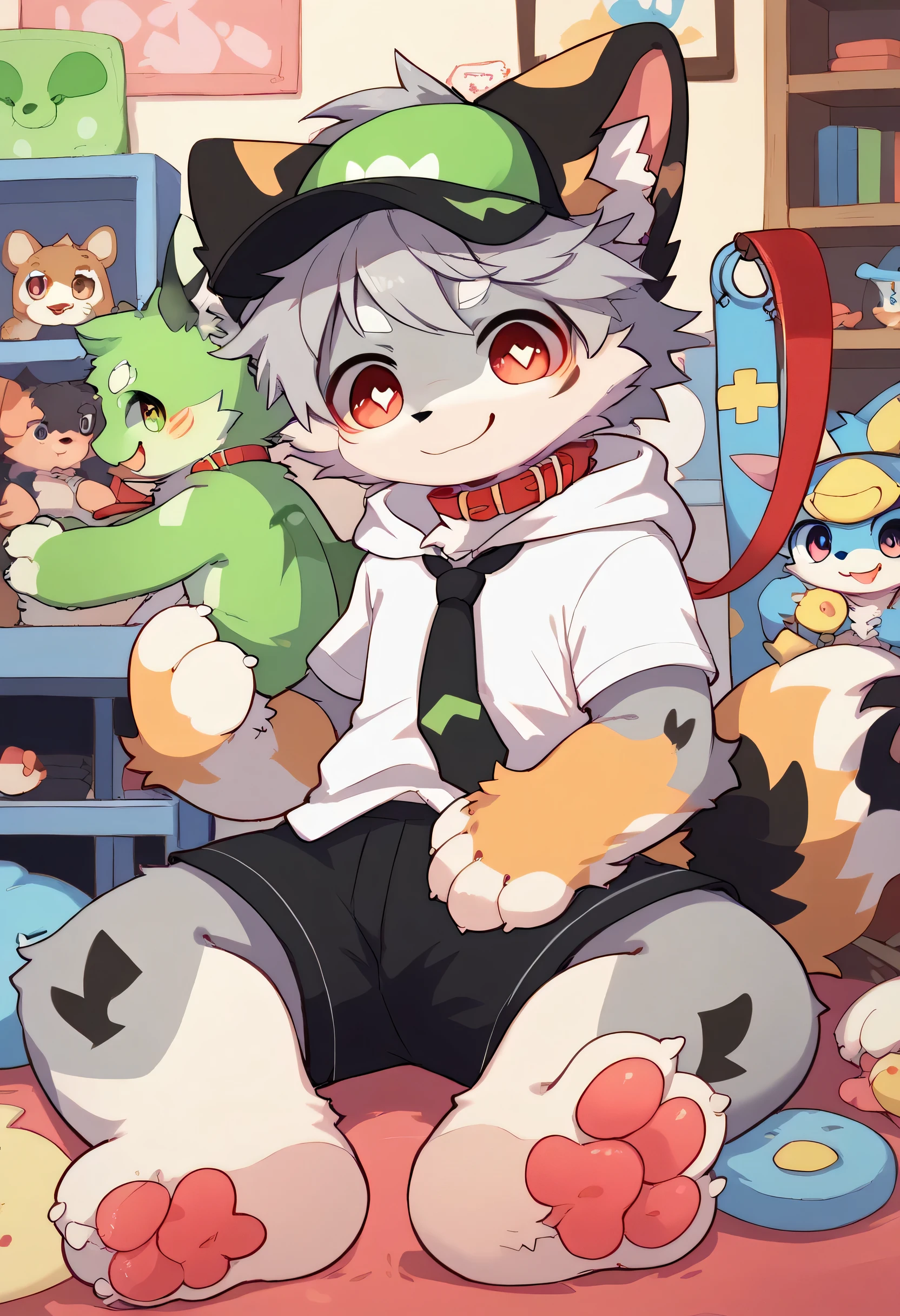   very detailedな,  very detailed,  brown fur gray hair ,,male,骨 を見て excited,Heart Eye,participate, green、white、 and a colorful hat,  cute face, sitting！,Tie the collar to the leash  ,,Black Ear ,  LIKE A FLUFFY FURRY , excited,Horny boy,美しいroom, room ,smile,Dropped ears,  play with toys !  my mental age   ,want,  black shorts, green and white hoodie 