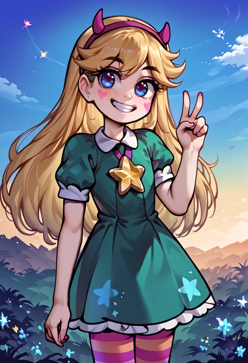 score_9, score_8_up, score_7_up, score_6_up, mngmst_style, star butterfly, 1girl, solo, long hair, blush, green dress, striped thighhighs, outdoors, sky, smile, v, grin 