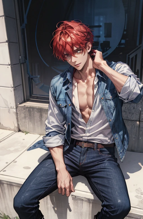 (Masterpiece) 8K resolution, Sento Miya 18 years old, refreshing young man, red hair, blue eyes, white suit, red shirt, anime style