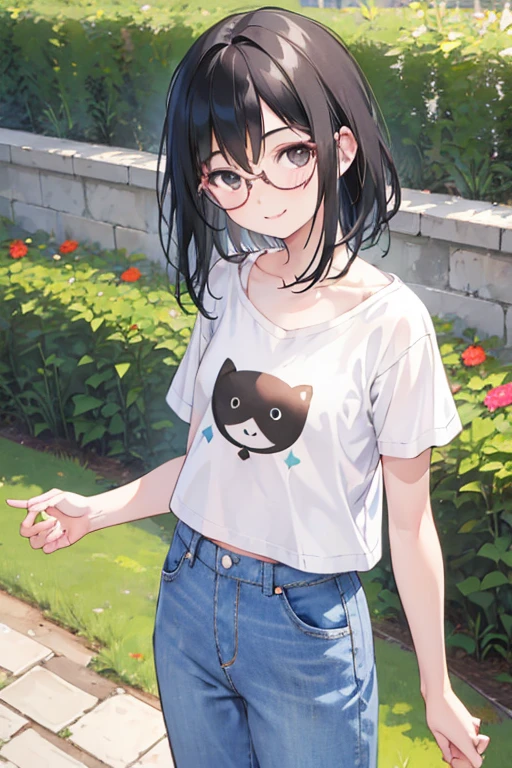 highest quality、smile、Cat ear、Short black hair、Cropped T-shirt、Shorts、reading