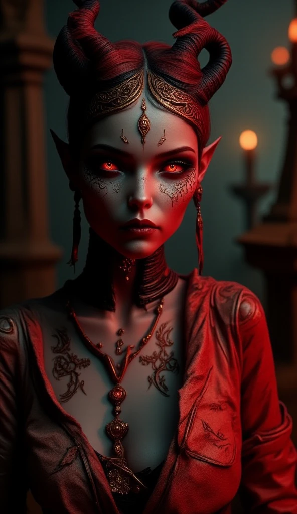 Highly detailed, cinematic, realistic. A stunning female demon with smooth red skin and elegant, curved horns that sweep around the sides of her head. Her striking face features flawless makeup, with smoky eyeshadow and dark lipstick, enhancing her seductive expression. She wears a sheer, flowing outfit adorned with intricate lace accents, tastefully revealing her form. Her finely manicured claws glint softly in the light, and her devil's tail curls gracefully around her midsection. The background is an opulent bedchamber chamber lit by glowing candles and flickering firelight, casting dramatic shadows and creating a captivating atmosphere.