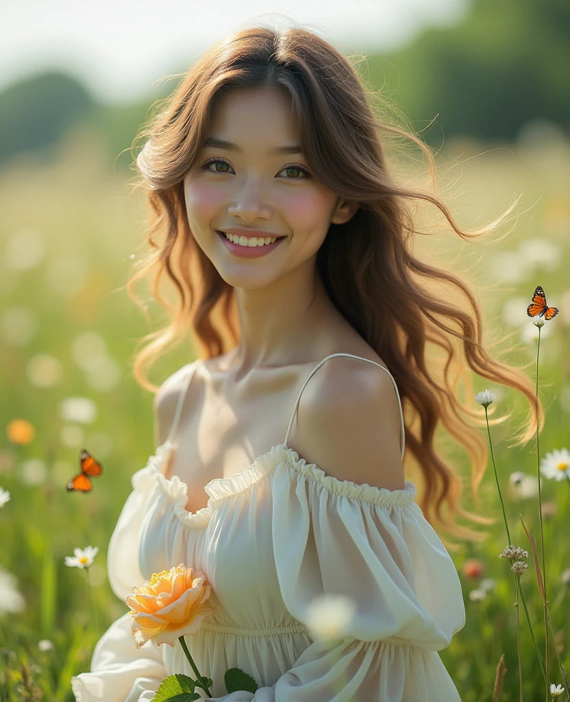 cleavage，Best quality, masterpiece, ultra high res, (photorealistic:1.4), raw photo, 1girl, white dress, off shoulder, yellow flower field, glowing skin, light smile