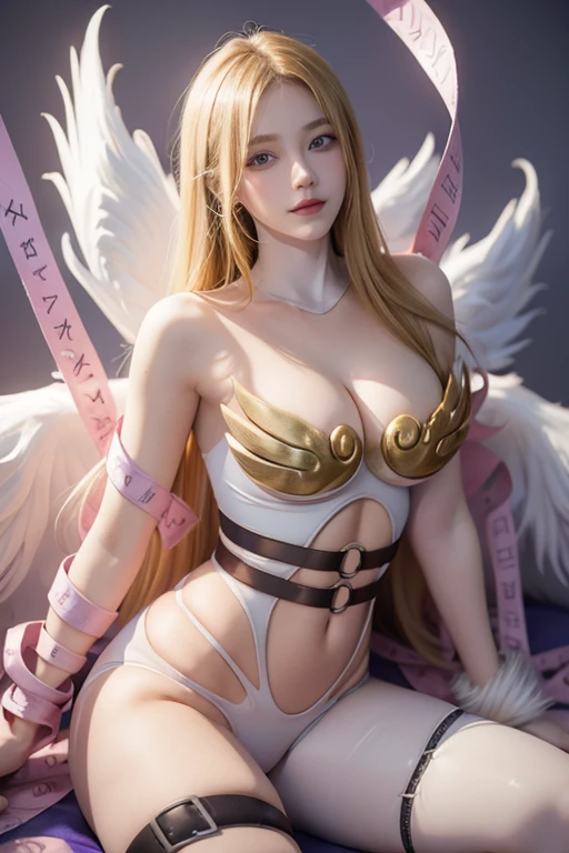 a realistic wax porcelain statue of angewomon sitting on a big pedestal looking at distance, very detailed, close up ,very big breast,black background, angelical very sexy pose, on a pedestla