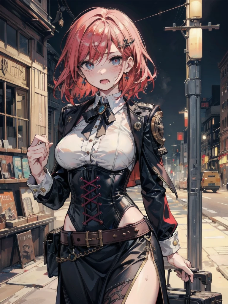 Masterpiece, A stunning anime girl with cat ears and tail, dressed in elaborate steampunk attire with leather and gear details, stands in a bustling fantasy steampunk city. She wears aviator goggles on her head, a loose corset with intricate designs, bare shoulders, and carries a mechanical weapon. The city background is filled with brick buildings, metal pipes, airships, and intricate machinery. The atmosphere is a mix of warm sepia tones and glowing lights from gas lamps, with a slight mist in the air. Her vibrant eyes and confident smile captivate the viewer. The scene exudes a blend of technology and magic, creating a unique and enchanting steampunk fantasy world. She has red hair and a confident face, ara ara face.
She is a secret assassin, she has a knife In the sleeve that emerges secretly, she is circumspect
She wears a hood that does not cover her cat ears