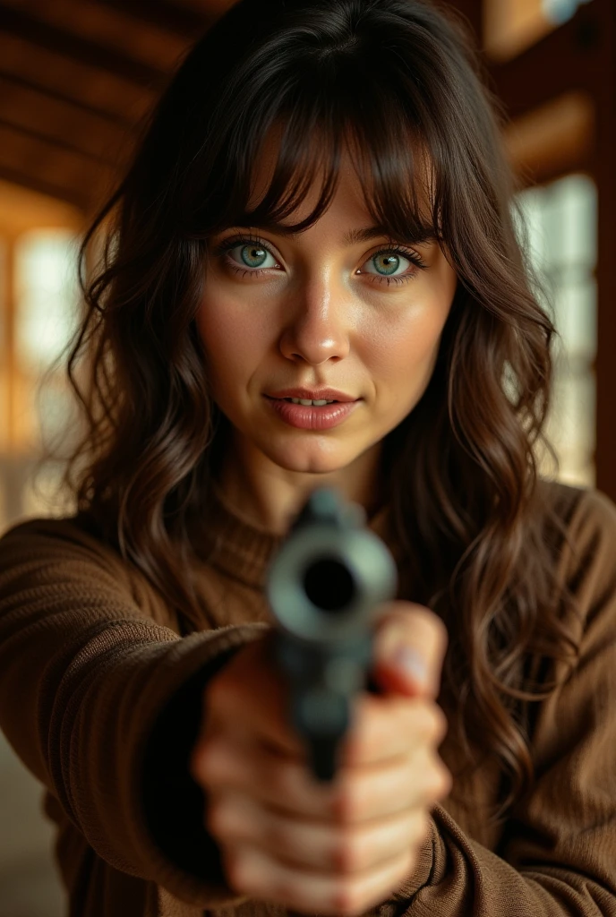 Realism, 1 girl, shooting at the camera with a gun ,  long hair ,  Smile ,  blue eyes ,  Eye bangs,  Cowboy shooting , Fujifilm, Lens glare,  Flood lighting,  Dutch Golden Age painting,