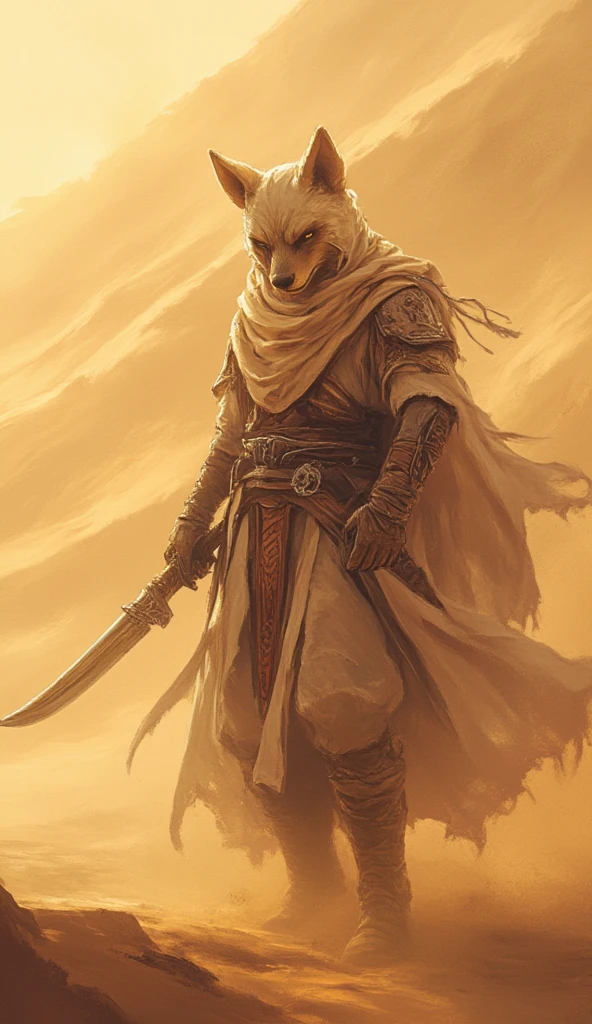 A desert fox warrior in gold and white robes, holding a curved dagger, standing near a sand dune.