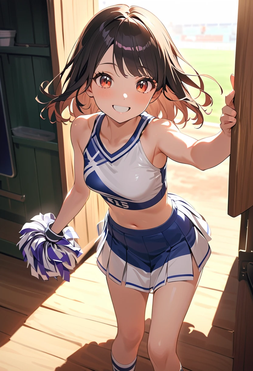 {{{masterpiece}}}, {{{best quality}}}, , {NSFW:1.2},、((hand in panties、masturbation))、Teenager woman、(18-year-old、brown hair、ponytail、cheerleader、cheerleader、belly button、side、steam、blush:1.5))high quality、、With background((locker room、Lights went out、storeroom))、elaborate design、visual art、high contract、best lighting、most detailed、cinematic angle、perfect lighting、Perfect dissection、 anime style、official art