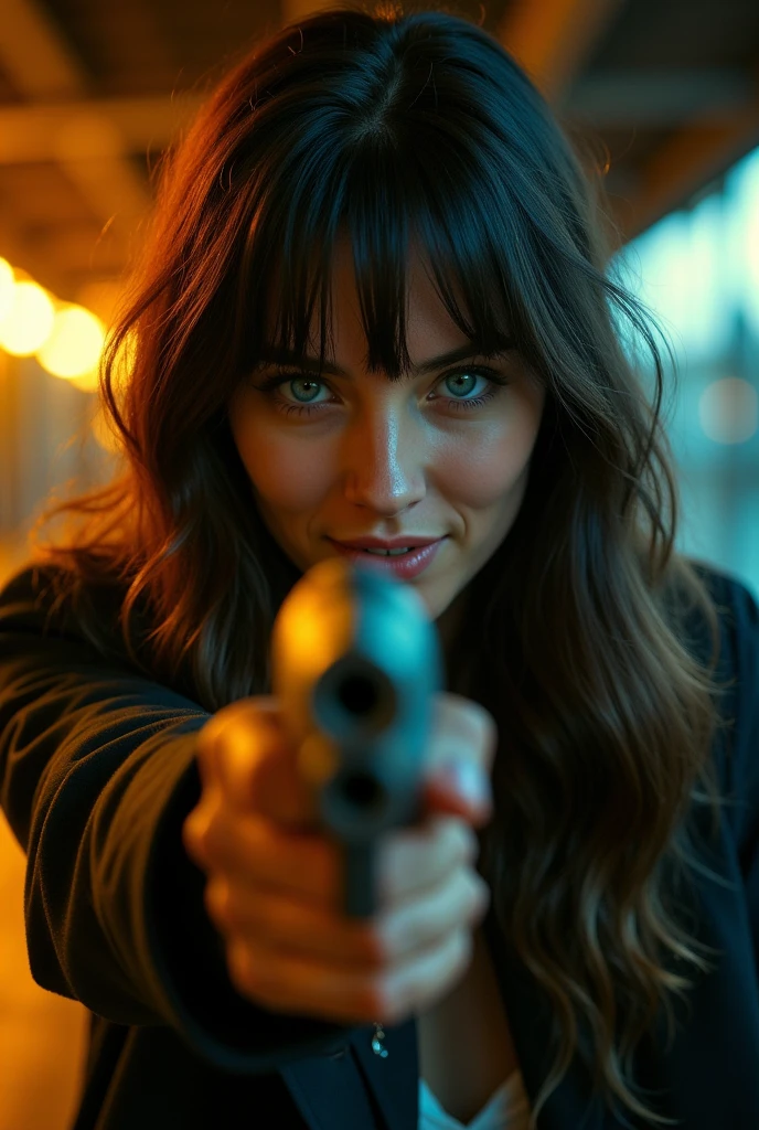 realism, 1 girl, with gun shot into camera, Long hair, Smile, Blue eyes, Bangs over eyes, Cowboy shot, Fujifilm, Lens flare, Floodlight, Dutch Golden Age painting,