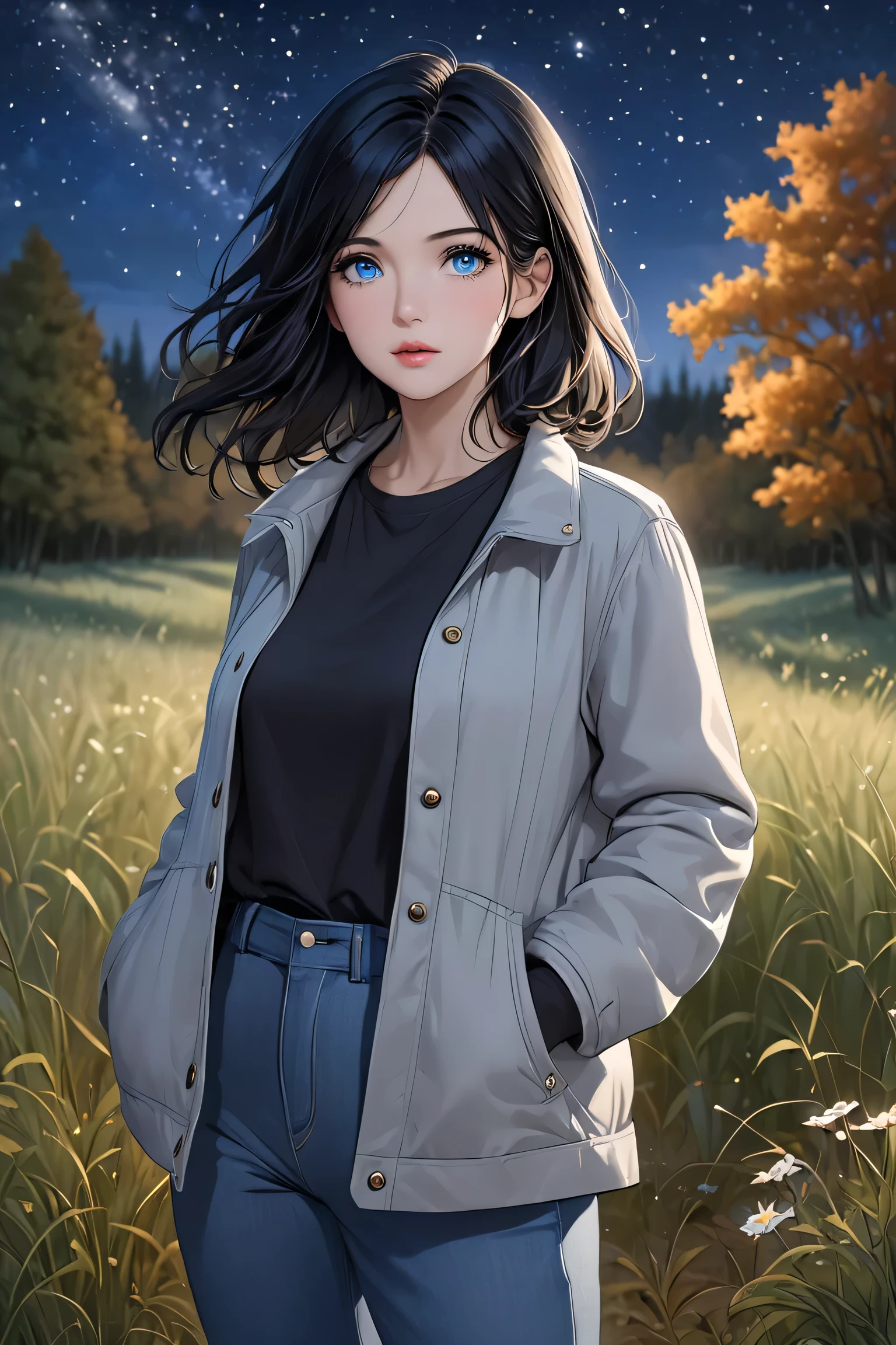 (masterpiece, best quality, 8k, high definition), whole body, 1 woman , shoulder-length black hair, Mid-chest, soft blue Eyes , soft lips , Beautiful face, wearing casual clothes, pants, and a light grey fall jacket, natural light, detailed background, Detailed Illustration Art , standing in a dark meadow at night gazing up at the stars with a wistful expression