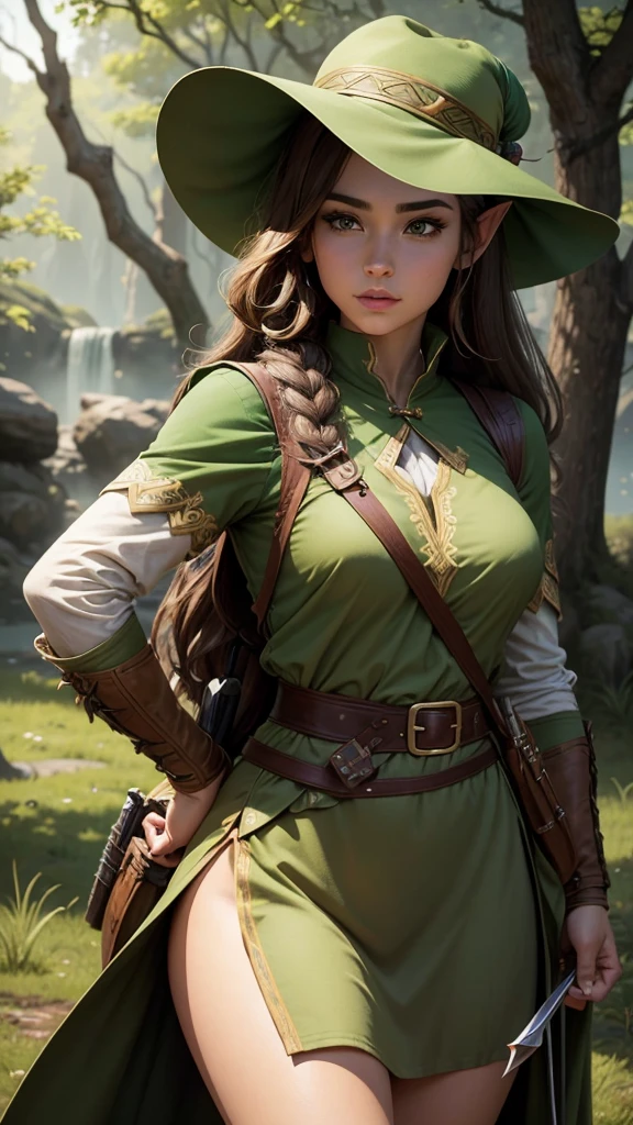 female, archer, blond cone hair, green archer mini dress, green high boots, (big bow), (quiver), (arrows), maroon guantlets, (masterpiece, best quality), (hyper realistic:1.6), ((detailed face)), ((award-winning)), (sharp), (8k resolution), (cinematic lighting)