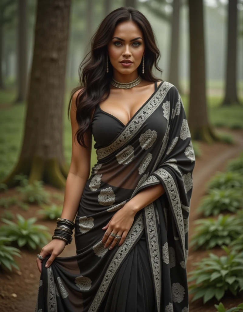 Megan Fox, standing tall from head to toe, surrounded by the mystique of a dense, misty forest, adorned in a flowing, intricate black saree with silver embroidery, her eyes gleaming with an otherworldly intensity, her skin a radiant, porcelain-like complexion, her raven hair cascading down her back like a waterfall of night, her facial features sharp and chiselled, a subtle, mischievous smile playing on her lips, her slender fingers adorned with dark, gothic-inspired jewellery, her presence exuding a sense of dark, mystical power, as if she is a demon girl risen from the very depths of the forest, her entire being a testament to the allure of the unknown.