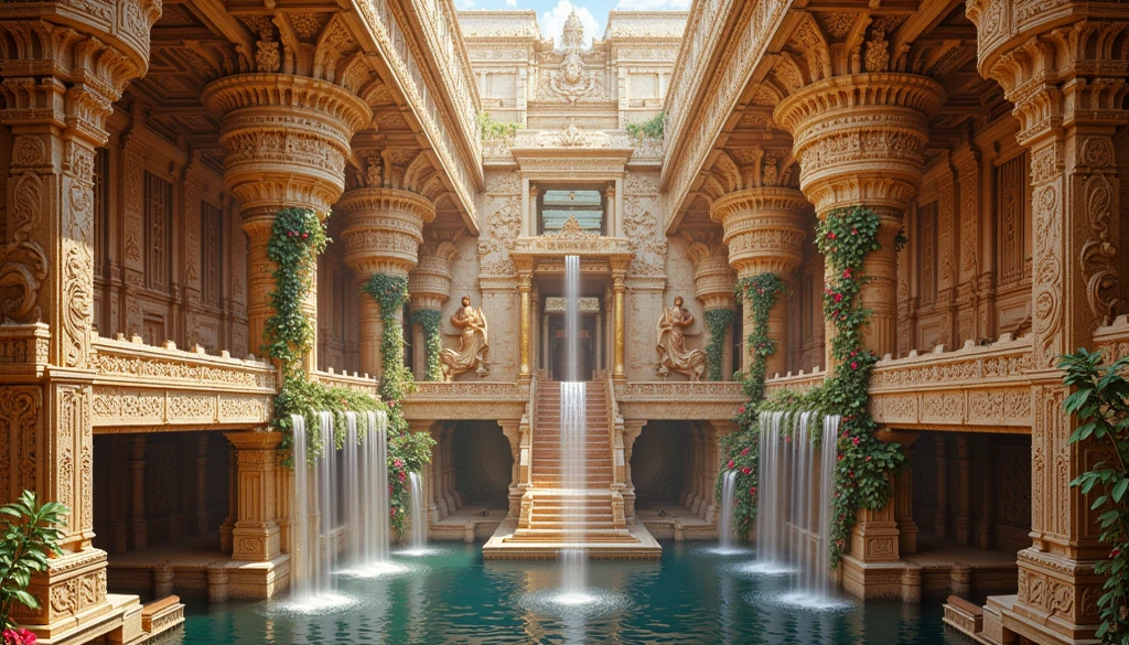 A grand, hyper-realistic painting capturing a majestic hall within an ancient Indian palace. The hall features seven attic pools on top of each, each one connected by cascading waterfalls that flow elegantly from stone-carved spouts high above. Stone platforms and finely carved attic balconies blend seamlessly with the colorful gopuram and intricate Dravidian temple architecture. The ceiling is adorned with ornate carvings, depicting celestial figures and patterns, while massive, intricately detailed pillars showcase traditional South Indian designs, rising gracefully to support the roof. Towering statues of deities and mythical beings, sculpted with precision and reverence, line the hall, lending an aura of timeless grandeur. Lush vines with vibrant flowers wrap around the stonework, introducing elements of natural beauty into the scene. Soft rays of sunlight filter in from above, illuminating the pools and casting intricate shadows that accentuate the hall's detailed craftsmanship. The atmosphere combines a serene tranquility with opulent splendor, as vivid textures and colors reflect the rich legacy and splendor of ancient south India. Capture the scene with high contrast, vivid hues, and a warm, ethereal glow