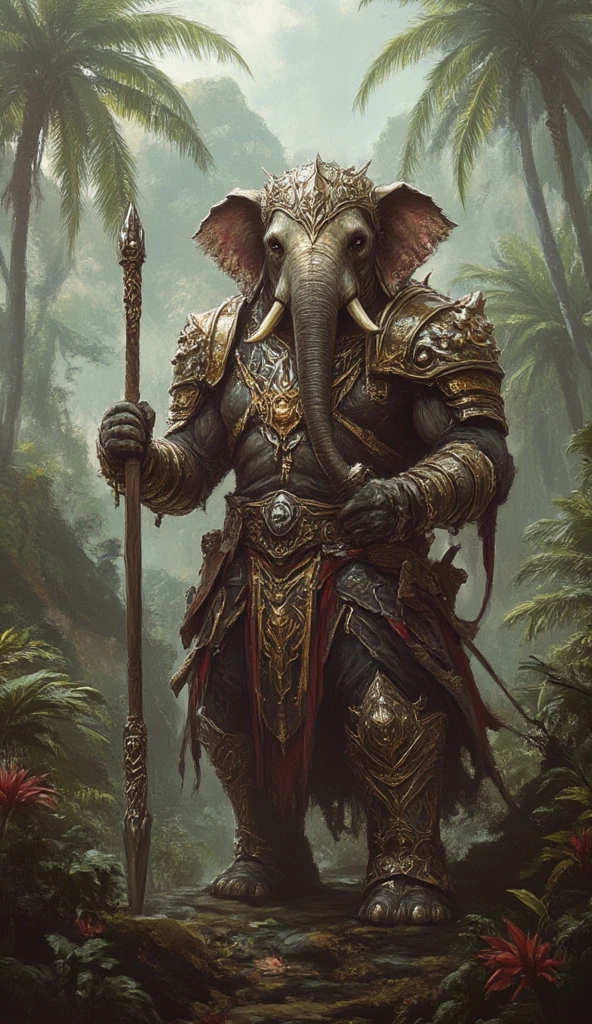 An elephant warrior in ornate armor with gold accents, carrying a spear, standing in a tropical jungle.