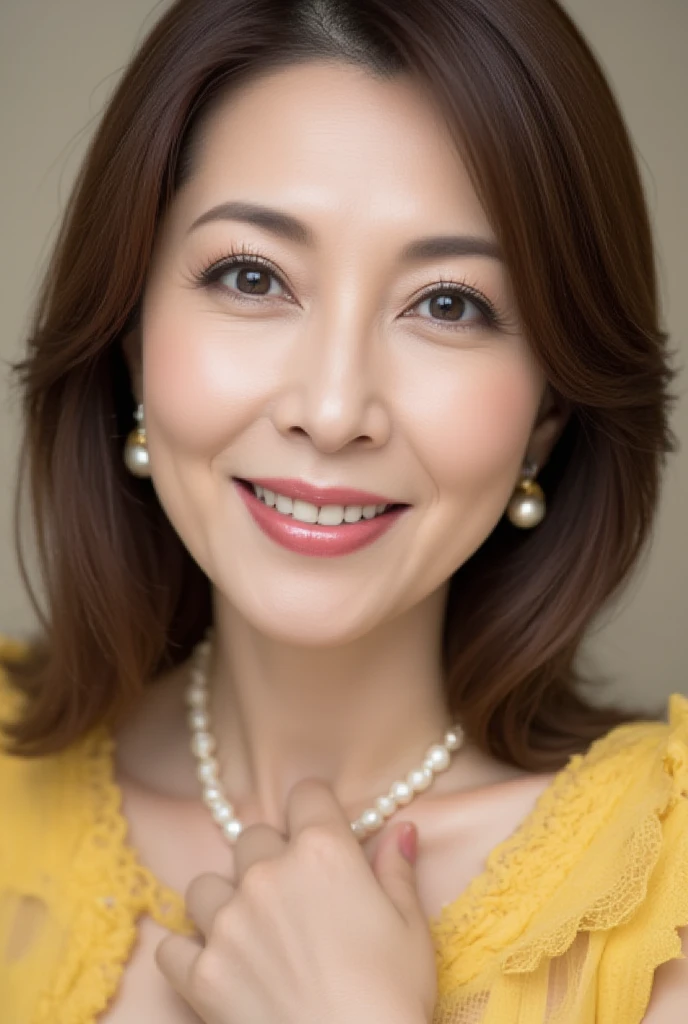 Mature Woman,  ( hair), ( face ), (Detailed description of the body), high res, masterpiece,  top quality ,  high detail, formal: 1.4), ( realistic: 1.2, 超 realisticな: 1.1,  realistic: 1.37), ( sharp focus : 1.4),  depth of field ,  PHYSICALLY BASED RENDERING ,  wavy hair , ,  Unmatched Beauty , (Ultimate beauty), (lipstick:1.1), ( eyeliner :1.2), ( mascara), ( eyeshadow), (48 years old,: 1.4), Japanese、 close-up 、 fine lines of laughter :1.2、seductive smie

6. DESIGN NAME ： Summer Floral Gothic Lolita Fashion

colore： yellow and pastel orange

Design ： boldly place sunflower embroidery on the chest 。The shoulder straps are frilly 。

point： incorporate summery brightness 、 energetic impression 。

background：ひまわり畑をぼかしたbackground。Warm look 。

 pose： lightly touch the chest 、 Natural Smile 。









