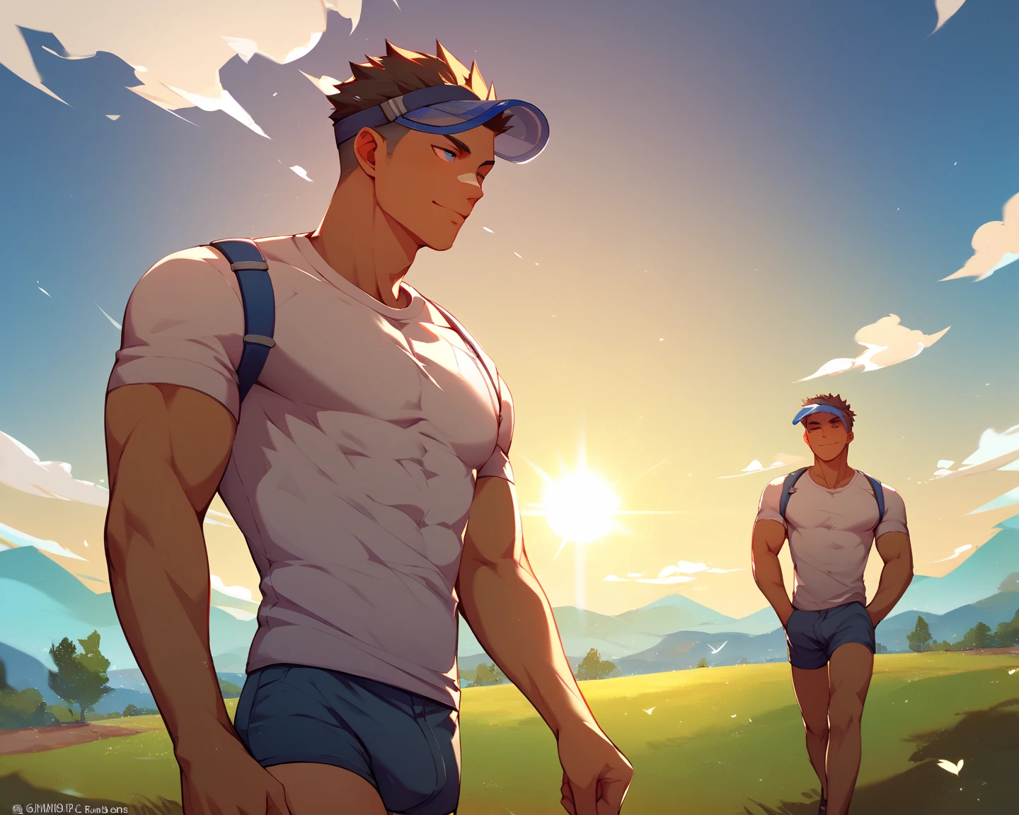  masterpiece、 top quality 、 anatomically correct ,Dark tan male , toned body、nsfw,{crew cut}、 small nose, sexy,Cheerful, sun visor,t-shirt,short pants, sommer,walking