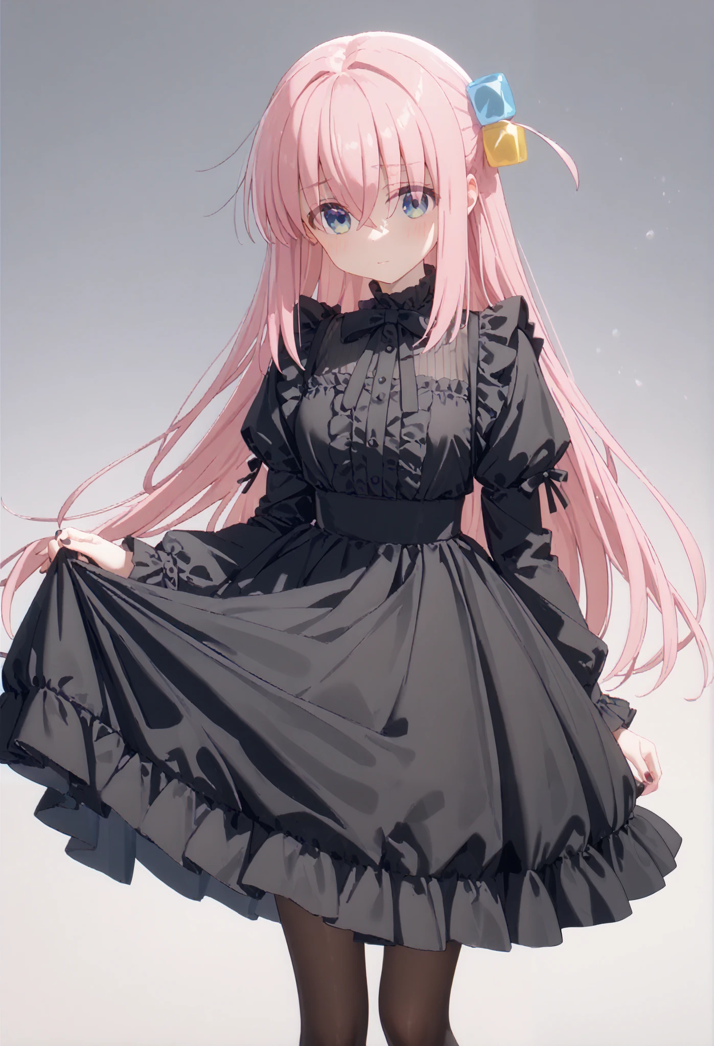 the character is a cartoon anime girl dressed in black  clothing, 1girl, gotou hitori, solo, cube hair ornament, blue eyes, pink hair, hair ornament, long hair, blush,gothic lolita dress, pantyhose, looking at viewer, breasts, one side up, black dress, bangs, hair between eyes, pink panties,tuck up dress