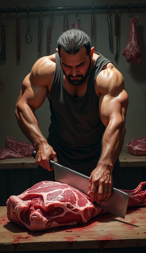 Butcher in underwear cutting meat.