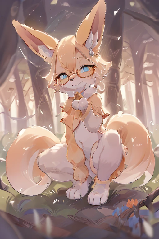 An orange vixen  (( yellow fur )), [[ orange fur]],  with blue eyes ,  brown hair , red flowers, glasses,  white belly and legs with white fingers , long cola,  looking into the camera with serious but attractive eyes