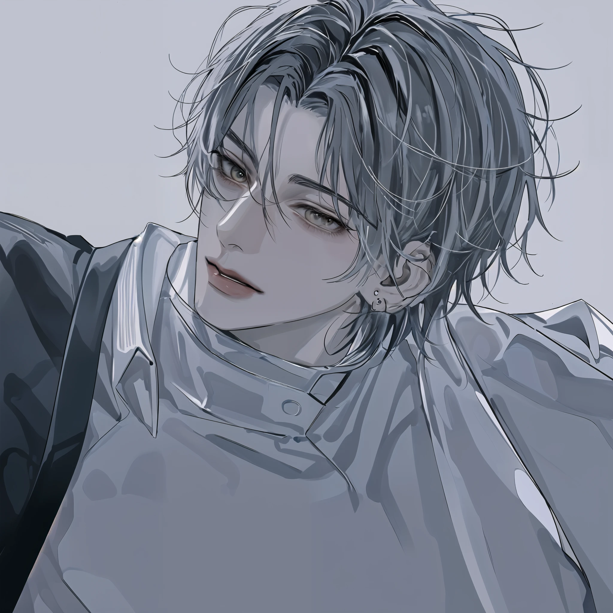 1 boy , portrait, alone,Lips, Male focus, gray eyes, watches the audience , dark gray hair , Short hair, Shut up, perfect smile