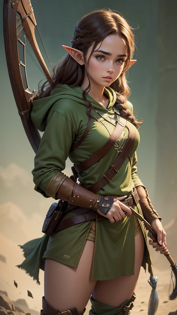 (best quality,4k,highres,masterpiece:1.2),ultra-detailed,(realistic,photorealistic,photo-realistic:1.37),crouching,archer woman,beautiful detailed eyes and face,long eyelashes,determined look, aiming,bow and arrow,towards the camera,warrior woman,jumping,attack position,cape,holding a scimitar,dynamic movement,action-packed scene,forest background,greenery,ominous atmosphere,dappled sunlight,gorgeous lighting,medieval setting,vivid colors,contrasting elements,suspenseful,exciting,heroic fantasy style