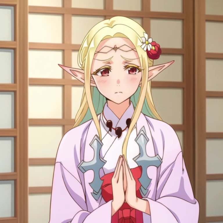 1girl, solo, best quality, masterpiece, elda, Joining hands in prayer, blonde hair, hair ornament, red eyes, flower, japanese clothes, pointy ears, hair flower, wide sleeves, elf, circlet, miko, face shot, from front