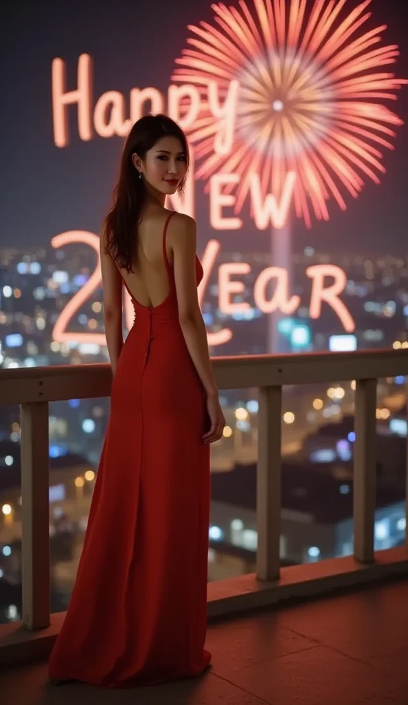 Fireworks happy new year 2025 night sky, realistic, Lisamy, a woman with long dress, Landmark 81 tower, Ho Chi Minh City, background words "HAPPY NEW YEAR 2025"