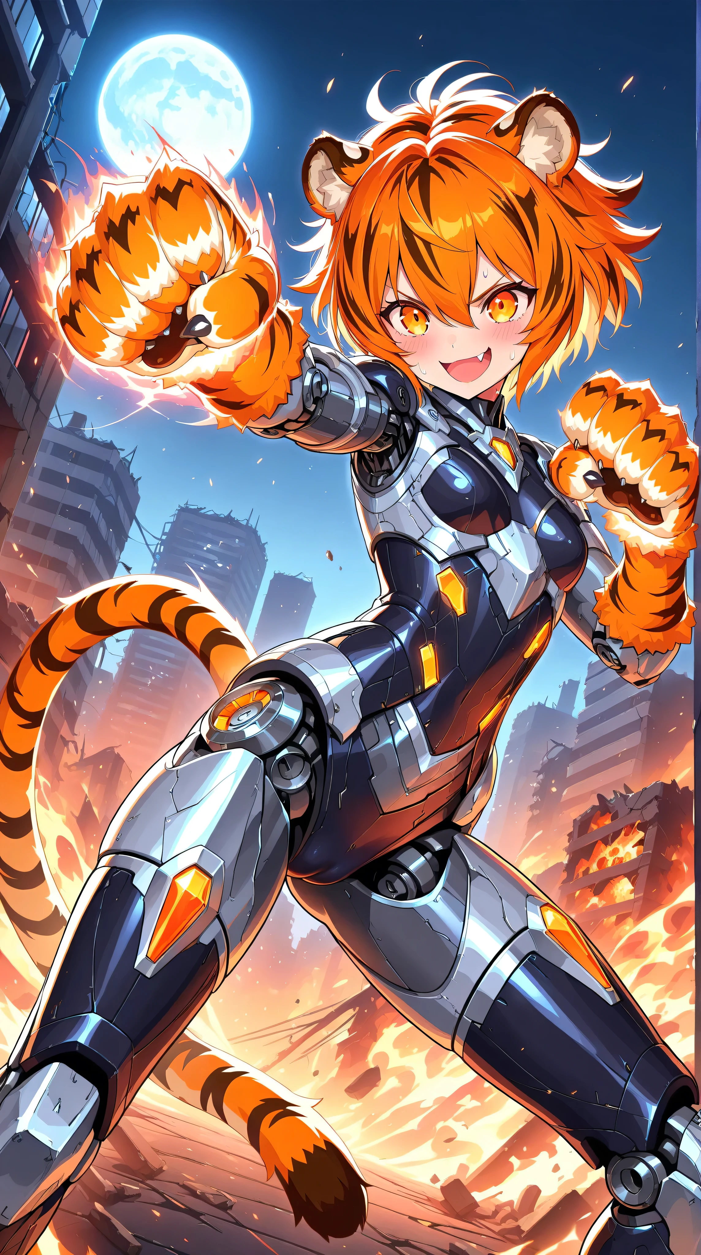 masterpiece,best quality,official art,extremely detailed CG unity 8k wallpaper,(Sci-fi style,Mechanical style,nsfw
1girl,small breast,cameltoe,Mechanical body,mechanical parts,  mecha corset, robot joints, mechanical arm, (whole body), (slim legs), (mecha musume), lustrous skin, shiny skin,sweat
orange tiger armor,fang,tiger paws, tiger tail, tiger ear
outdoor, building_ruins, burning city, black night, full moon
crazy smile, blush, open mouth,raised tiger paws, 
orange eyes
(orange hair,messy hair:1.4), short hair,hair_between_eyes, solo,dramatic angle,punching,imminent punch,incoming attack,incoming punch,dynamic angle,speed line,motion lines,