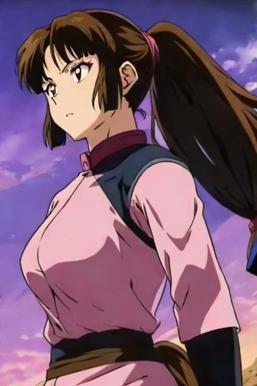 An anime girl with dark brown eyes and long brown hair with a ponytail, wearing a combat uniform and pink and black armor, holding a sword in her hand. 