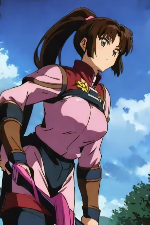 An anime girl with dark brown eyes and long brown hair with a ponytail, wearing a combat uniform and pink and black armor, holding a sword in her hand. 