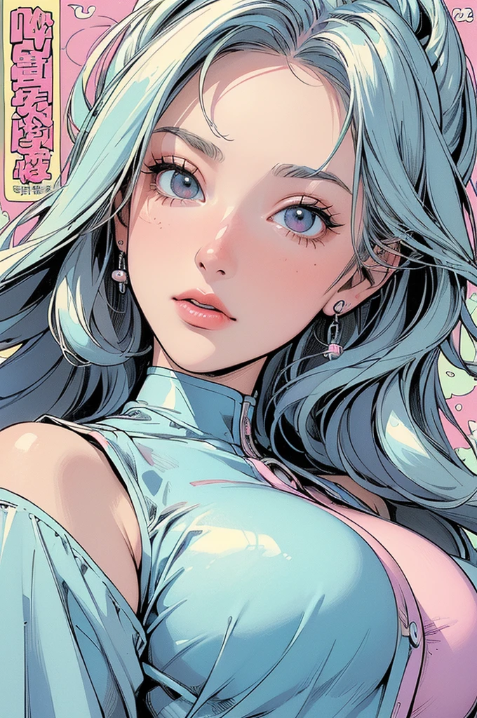 cyberpunk female woman wearing (Rose Quartz Pink Denim Jacket with chromatic accents:1.1), sleek full bodysuit, (Petal Blush,Lagoon Blue color background:1.3),
