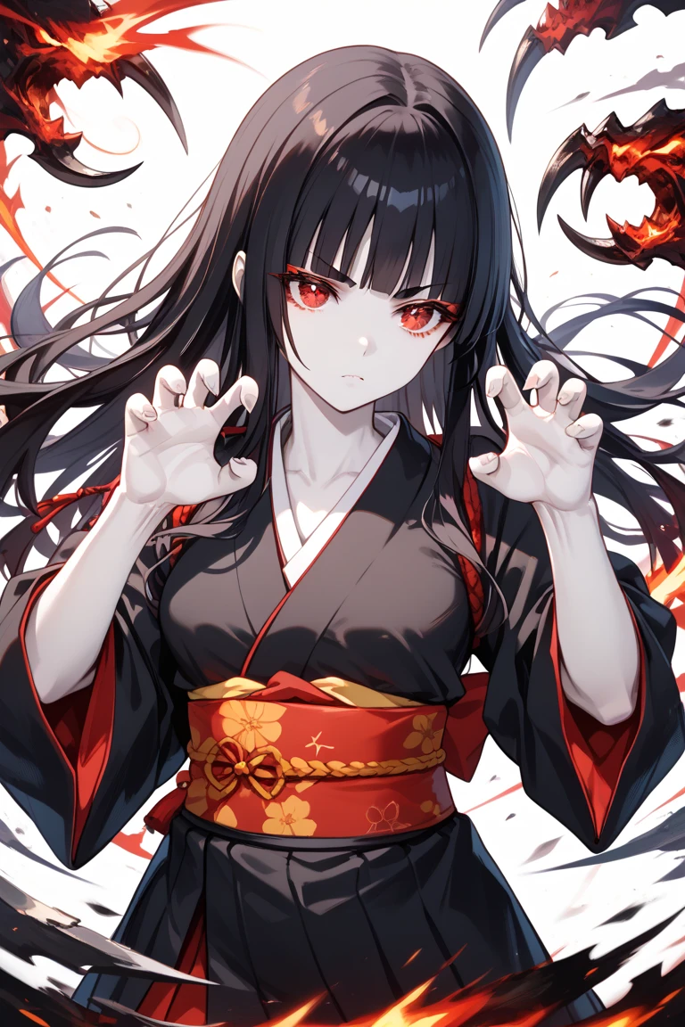 masterpiece,best quality,simple,minimalism,hime cut,beautiful mysterious japanese girl,(((straight black long hair))),troubled and groomed eyebrows,red eyes,slanted eyes,half opened eyes,white skin,black kimono red obi,inferno background,(((fighting and claw pose))),