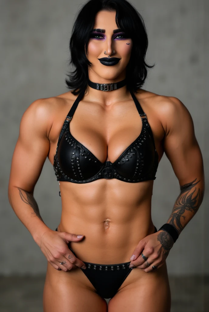 black hair, medium hair, messy hair, green eyes, eye makeup, smug, black bra, studded bra, thong, nsfw, breasts, wide hips, 8k, aidmaNSWFunlock, looking back, ass focus, hands on hips, sexy, smug, laughing,