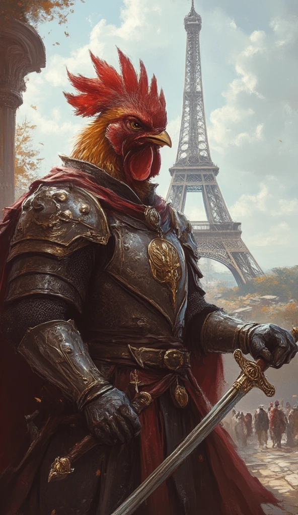 A proud rooster knight in elegant, medieval-style armor, holding a rapier, standing near the Eiffel Tower.