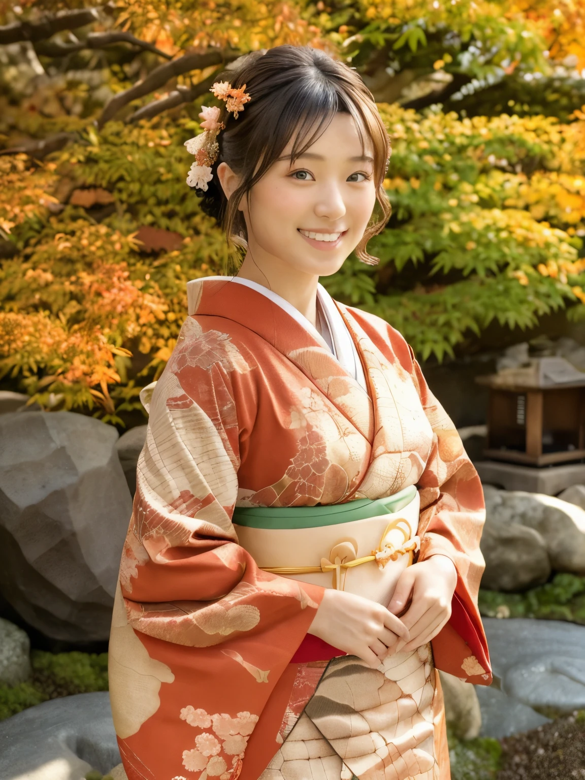 (realistic:1.3), finely detailed, quality, rembrandt lighting, (masterpiece:1.2), (photorealistic:1.2), (best quality), (detailed skin:1.3), (intricate details), dramatic, ray tracing, 1girl, japanese girl, 21 years old, detailed skin texture, (blush:0.5), (goosebumps:0.5), subsurface scattering, smiling, medium breasts, updo hair, bangs, hair between eyes, hair ornaments, kimono, floral print, obi, edgJF_clothing, wearing edgJF_kimono, seiza (bright sunny day, autumn setting, autumn trees and leaves, (zen garden:1.2)),