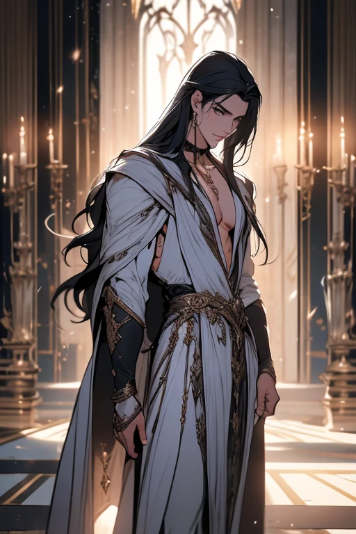 in bad shape，solo，8k,best qualtiy,Masterpiece, Shoulder blades，Handsome face，Detailed pubic hair，dynamic angle，palace of versailles，Adonis，magnificent robe，choker necklace，Long silver-black hair，god light，