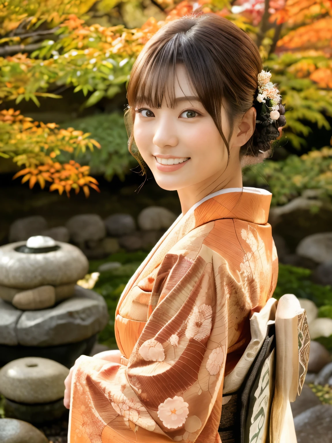 (realistic:1.3), finely detailed, quality, rembrandt lighting, (masterpiece:1.2), (photorealistic:1.2), (best quality), (detailed skin:1.3), (intricate details), dramatic, ray tracing, 1girl, japanese girl, 21 years old, detailed skin texture, (blush:0.5), (goosebumps:0.5), subsurface scattering, smiling, medium breasts, updo hair, bangs, hair between eyes, hair ornaments, kimono, floral print, obi, edgJF_clothing, wearing edgJF_kimono, seiza (bright sunny day, autumn setting, autumn trees and leaves, (zen garden:1.2)),