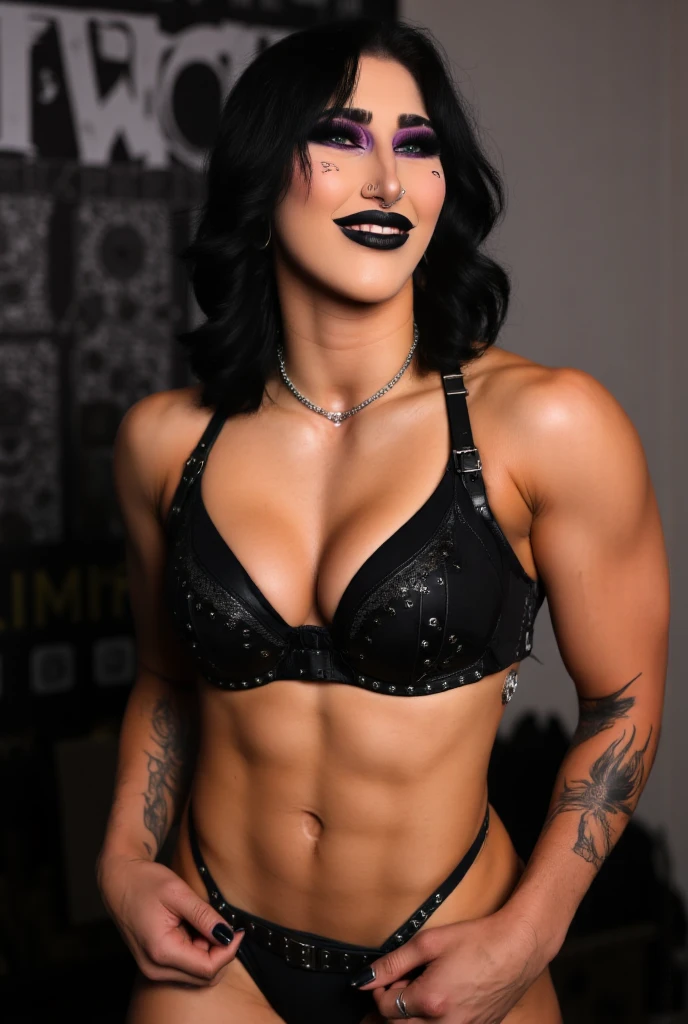 black hair, medium hair, messy hair, green eyes, eye makeup, smug, black bra, studded bra, thong, nsfw, breasts, wide hips, 8k, aidmaNSWFunlock, looking back, ass focus, hands on hips, sexy, smug, laughing,