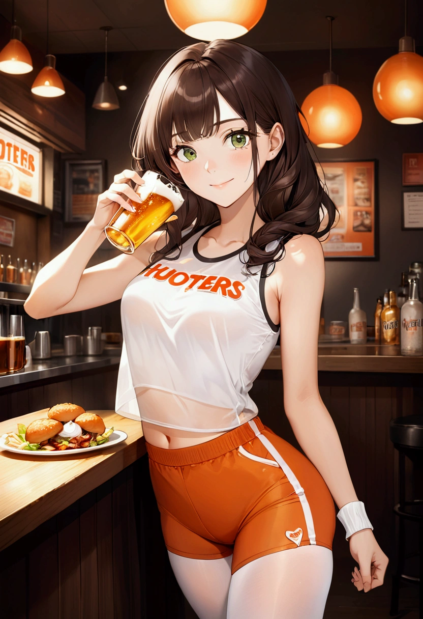 woman wear hooters logo orange and black waitress hold beers service