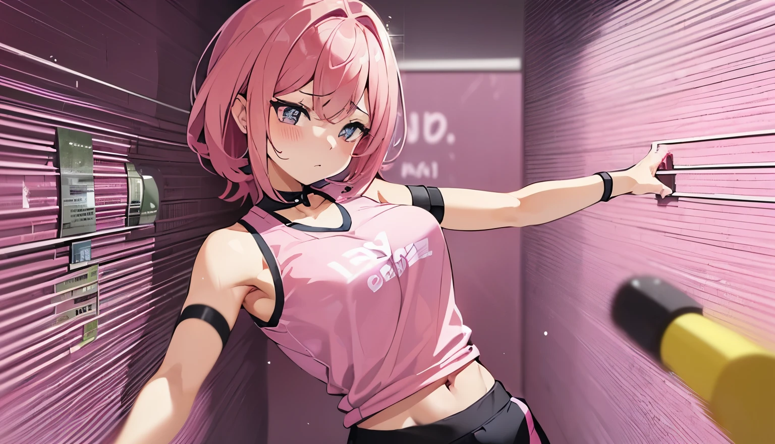 masterpiece, best quality,anime style, 1 girl,(((slender body))), (((small breast))),(((gym uniform))),(((3 monkey grabbing the gir))),((((cum)))), (beautiful face), (((short hair))), (((straight hair))), ((((pink hair)))),detailed beautiful skin, (perfect hands, perfect anatomy)