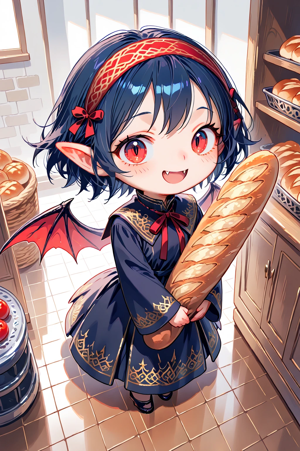 (solo:1.2),1girl\(vicomte,(chibi),cute, vampire wings, red eyes,open mouth, sharp vampire fangs, black short hair, elf ears, cute (((red ribbon))) headband, (big evil smile) cute smile,face shining, big eyes, cute expression, black short vampire robe\(with beautiful (gold embroidery)\), hugging (baguette bread) \),cute pose,black short vampire dress,full body\),inside,at bakery with so many breads, (from above:1.5), dutch angle, minimalist, lineless