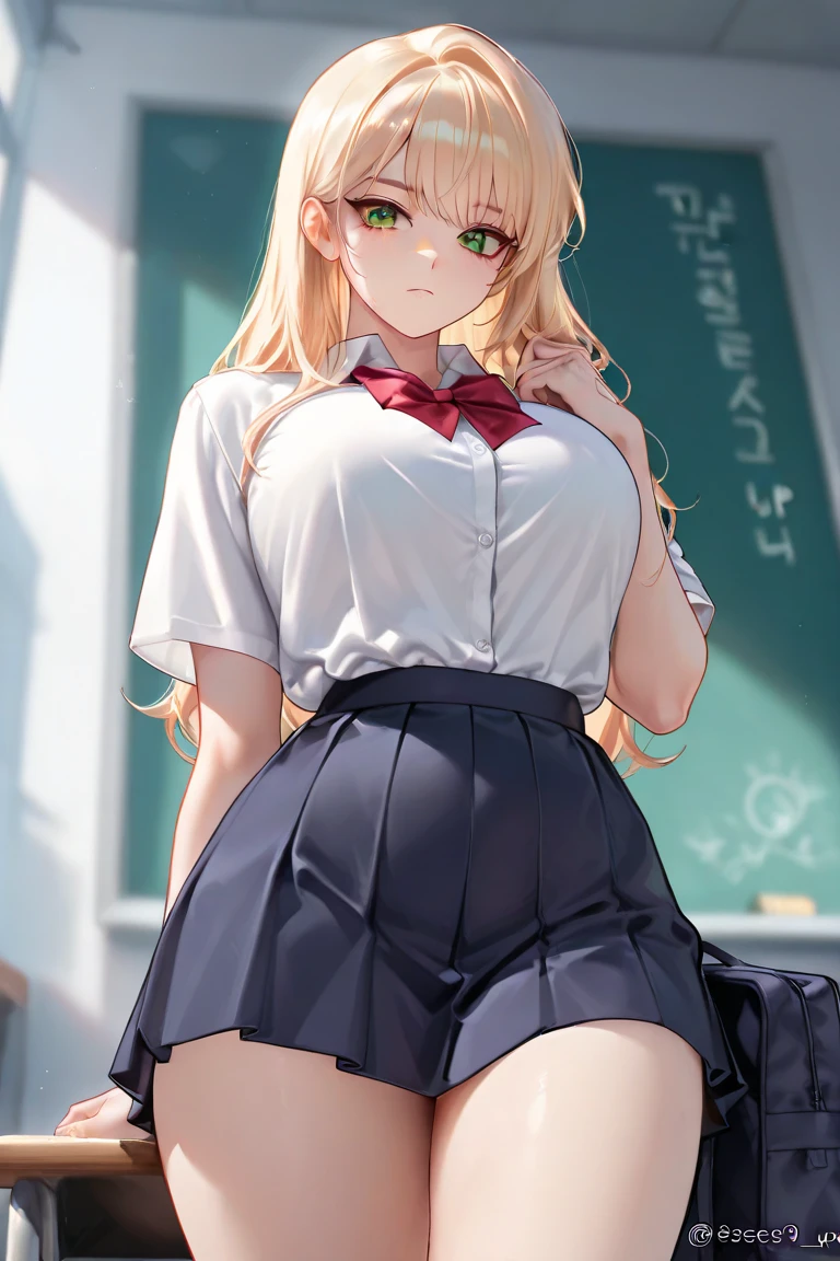 original character_female anime character,from manhwa,long blonde hair, green eyes,ideal body,whole body, perfect anatomy,masterpiece,sexy,long blonde hair,wearing school uniforms,white shirt, short skirt