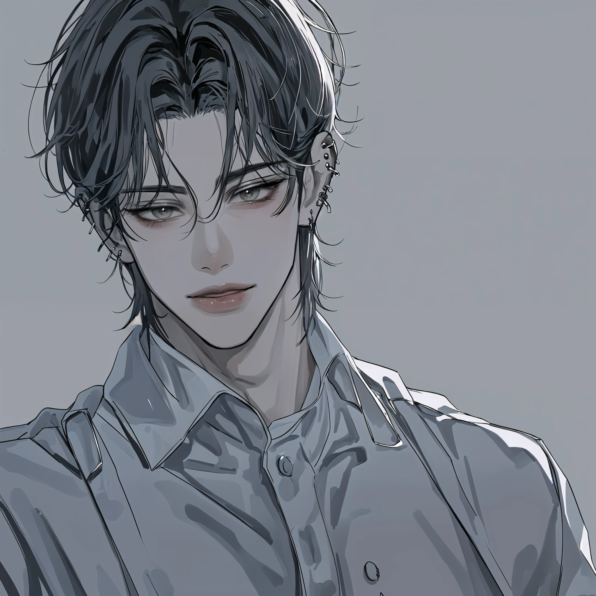 1 boy , portrait, alone,Lips, Male focus, gray eyes, watches the audience , dark gray hair , Short hair, Shut up, perfect smile, Piercing