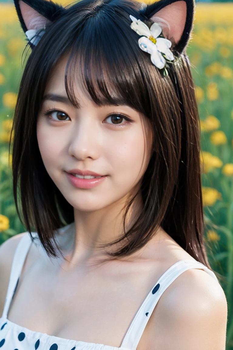 A photorealistic image of a young Asian woman with a gentle smile, soft lighting, and a background of blooming flowers. Her hair is slightly tousled by the wind, and she has a natural, fresh look. High resolution, ultra-detailed, 8K, best quality. ((Upward glance)), ((angle From above: 1. 3)), From above, Looking into the camera,