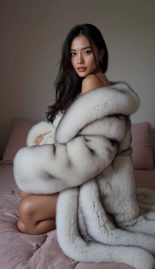 Beautiful asian woman, wearin a pinkf0x fur coat, sit on the bed, leg inside fur blanket, adorable, gorgeus, 