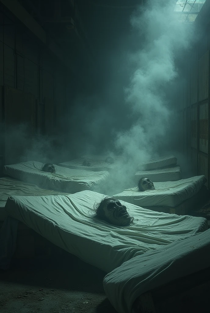 **Prompt:**
"Generate an image of a dark, dilapidated hospital room where three patients are lying on old, rusty beds. The patients appear extremely unhealthy, with gaunt faces, sunken eyes, and visible signs of illness. Their hospital gowns are tattered and stained. The room is dimly lit by a faint, flickering overhead light, casting long, eerie shadows. The walls are cracked and peeling, and there is a layer of dust covering everything. The overall atmosphere should be bleak and oppressive, emphasizing the patients' suffering and the grim environment of the room."